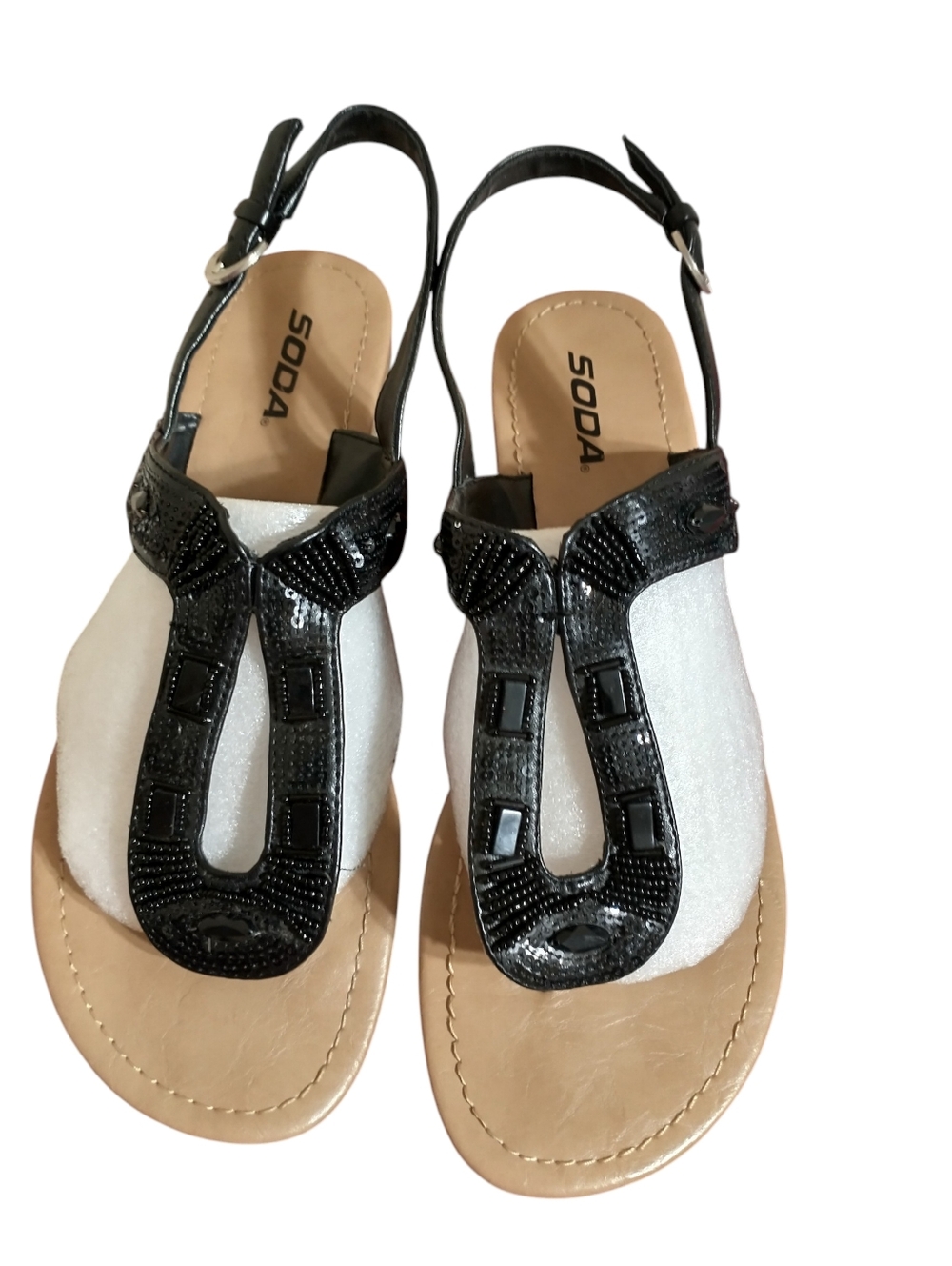 Soda Black T-Strap Jeweled Slingback Sandals